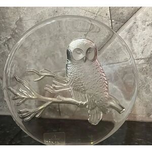 Viking Glass Owl on Branch Paperweight Hand Made Etched Frosted Glass Vintage